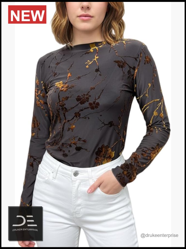 Burnout Velvet Floral Mock Neck Long Sleeve Slim Fit Blouse